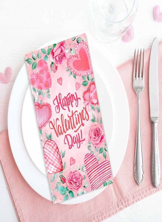 JarThenaAMCS 50Pcs Happy Valentine's Day Paper Guest Napkin Love Heart Floral Eucalyptus Bathroom Napkin Pink Disposable Guest Hand Towel For Home Party Supplies - Image 3